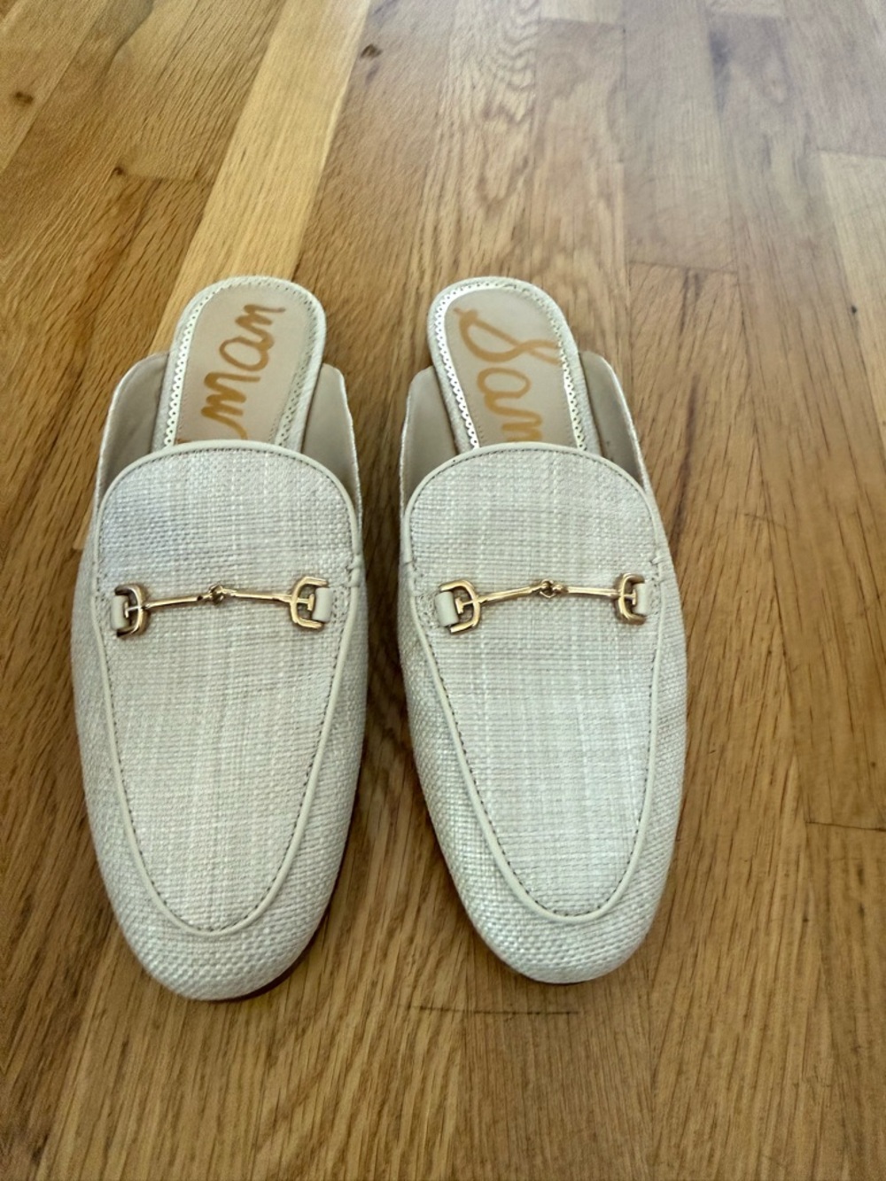 Sam Edelman Cream Slip-On Loafer Mules with Gold Hardware